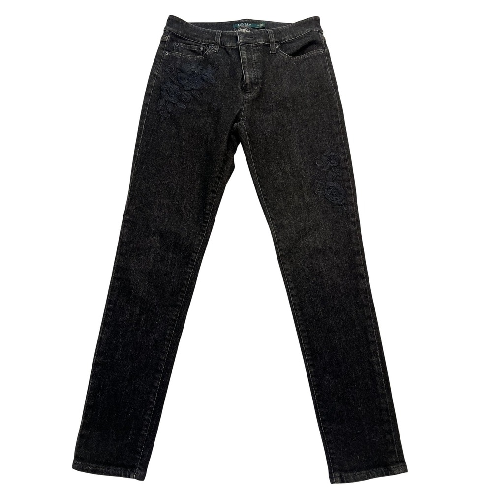 Lauren Ralph Lauren Jeans Womens 6 Black Premier Skinny Floral Embroidered Denim